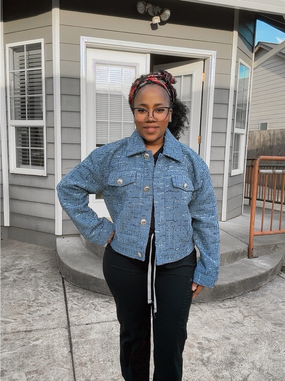 Macy's Light Blue Tweed Crop Jacket